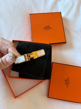 Hermes White and Gold Clic H Bracelet